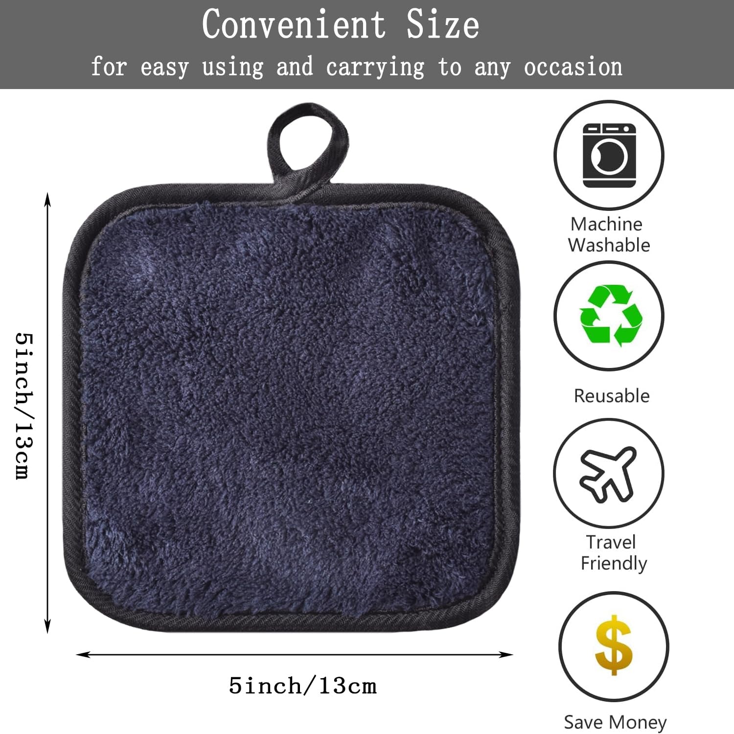 Makeup Remover Cloths for Face, Eye, Lips - Reusable Face Cleansing Cloth Microfiber Makeup Remover Pads 5 X 5 Inch 6 Pack (Black)