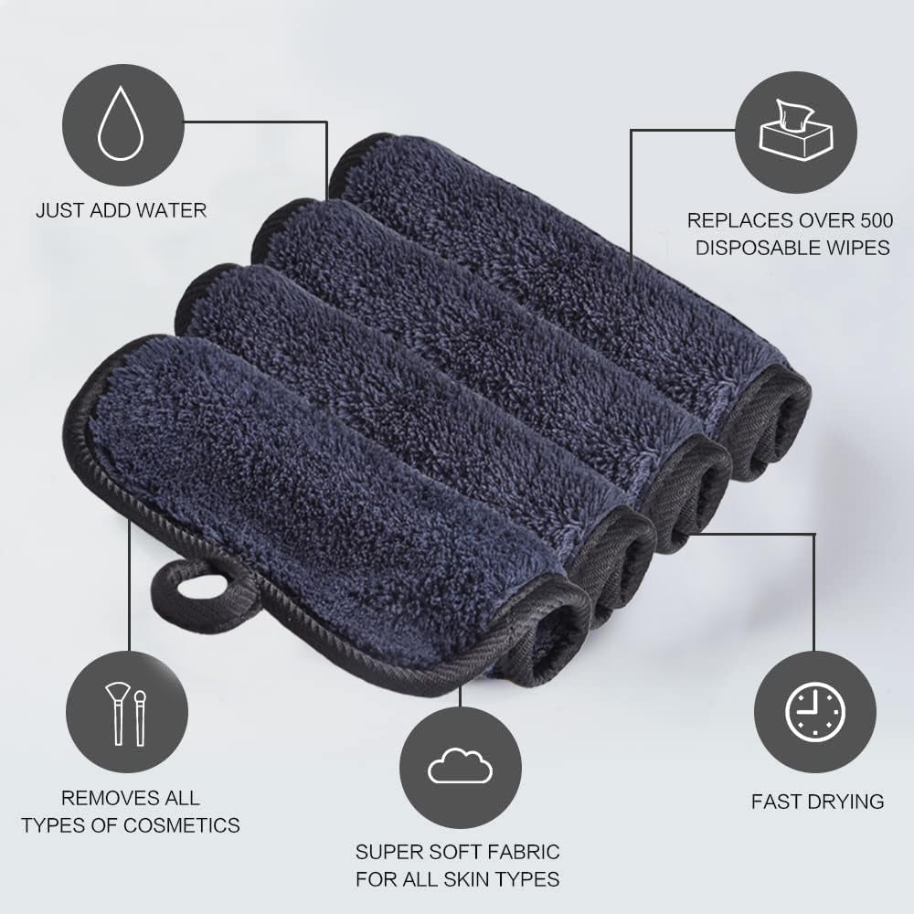 Makeup Remover Cloths for Face, Eye, Lips - Reusable Face Cleansing Cloth Microfiber Makeup Remover Pads 5 X 5 Inch 6 Pack (Black)