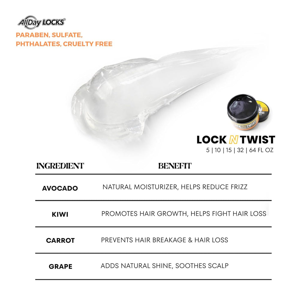 Lock N Twist (5 Oz) | Supreme Hold, No Frizz or Flaking | Hydrating, Nourishing Locking Gel | Grape & Avocado-Infused | Lock & Twist Braids, Locks, Twists, Cornrows | 5 Oz